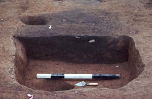 A dark brown pit feature stain surrounded by lighter brown clay soil.