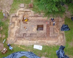 Aerial view of excavated foundations.