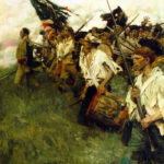 Painting shows ragged line of soldiers of the Continental Line advancing.