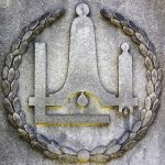 FREEMASONS: symbols include a carpenter’s square, level, compass, five- and six-pointed stars, pyramid, open eye, wings.