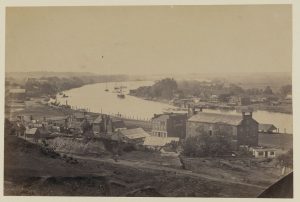 A view of Rockett’s Landing shipyard in Richmond, VA circa 1864. Multiple ironclads were built at the shipyard for the James River Squadron (Russell 1864). (Image courtesy of the Library of Congress)