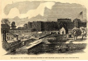 The Arrival of Two Thousand Vicksburg Prisoners at Fort Delaware as sketched by Mr. D. Auld, Forty-Third Ohio (image courtesy of Delaware Public Archives)