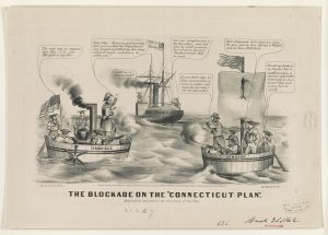 Cartoon The Blockade on the “Connecticut Plan” which makes fun of makeshift Union ships trying to blockade a well-built Confederate steamer by Currier & Ives, 1862 (Image courtesy of the Library of Congress).