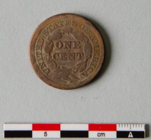 1845 Large Cent donated to the Lee cornerstone box by the Harwood boys, reverse, image courtesy of DHR