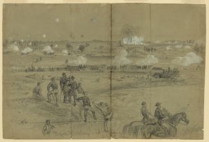 This inset from Alfred Waud’s pencil sketch of the Battle of the Crater shows an explosion in the distance opening the ground as four tons of gunpowder exploded beneath the Confederate lines. While the drawing is detailed, the explosion occurred at 4:44am, in the dark. The battle resulted in over 5,200 casualties and, despite the repulse of the U.S. assault, had no conclusive outcome or effect on the Siege of Petersburg, entitled Before Petersburg at Sunrise, July 30th 1864, image courtesy of the Library of Congress