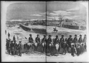 The public hanging of John Brown was a matter of national importance. Over 1,000 civilians and 1,500 militia were in attendance. Brown rode his own coffin to the execution and even provided clothespins to the sheriff to properly position the hood. When the trap door fell, militia were required to stand at attention for 30 minutes as testament to the “awful majesty of the law.” Several militia units present ended up becoming the 12th Virginia, 1859, image courtesy of the Library of Congress