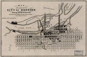 C. L. Ludwig, Map of a part of the City of Richmond showing the burnt Districts, 1866. The map, oriented to the south, notes the burned bridges and blocks of buildings in black. Note the block between 8th and 7th Streets; almost the entire block behind the Stewart House was destroyed. Courtesy Library of Congress.