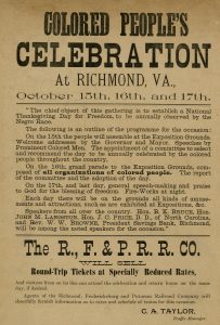 Richmond, Fredericksburg and Potomac Railroad Company advertisement, “Colored People’s Celebration At Richmond, Va.,” October 1890. Broadside (189-.C7FF). Image courtesy of Library of Virginia 