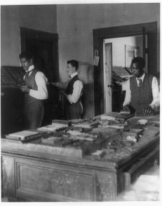 Composing Room of Mitchell’s Richmond Planet circa 1899, note the integrated staff. Image courtesy of the Library of Congress