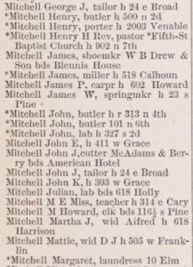 Chataigne’s Directory of Richmond, Virginia asterisked entries for various Black Richmonders surnamed “Mitchell” including Rev. Henry H. Mitchell, first pastor, Fifth Street Baptist Church, organized 1880, in Richmond’s predominately black Jackson Ward [Source: https://www.fifthstreetbaptist.org/our-history], 1882-1883. Public Domain