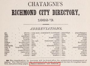 Chataigne’s Directory of Richmond, Virginia “Colored” identifier, 1882-1883. Public Domain