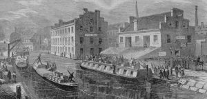 This inset from the October 14, 1865 Harper's Weekly shows a very cleaned-up image of the Richmond canal scene. No doubt the city was ready to return to commerce after ravages of the Civil War. Actual photos of the canal area earlier that year show a bleak, burned out scene with many canal boats full of refugee's household belongings.