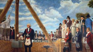 Le président George Washington pose la première pierre du Capitole des États-Unis en 1793 par John D. Mellius, trente-troisième degré franc-maçon.  Domaine public
