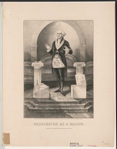 Washington comme maçon.  , Californie.  1868. Publié par Currier Ives.  Image reproduite avec l'aimable autorisation de la Bibliothèque du Congrès