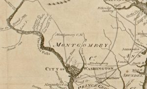 Figure 5. This zoomed in image from a 1785 map of Maryland features the section of the Potomac, between Seneca (Spelled Senegar) Falls and the Great Falls, where the Riverbend Sluice is located (Library of Congress).