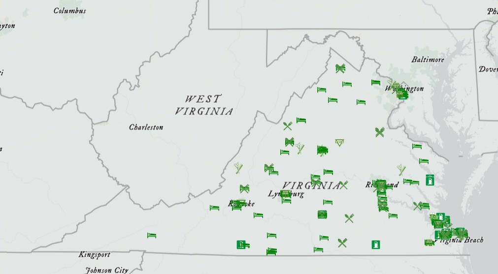 Map of Green Book locations in Virginia