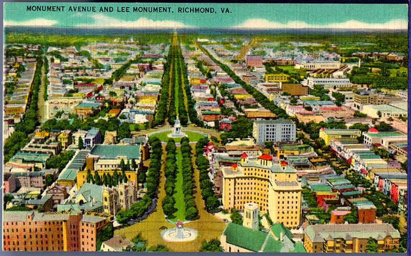 Postcard-Lee-Monument-and-Monument-Avenue-courtesy-of-VCU-Archives-mid-20th-century