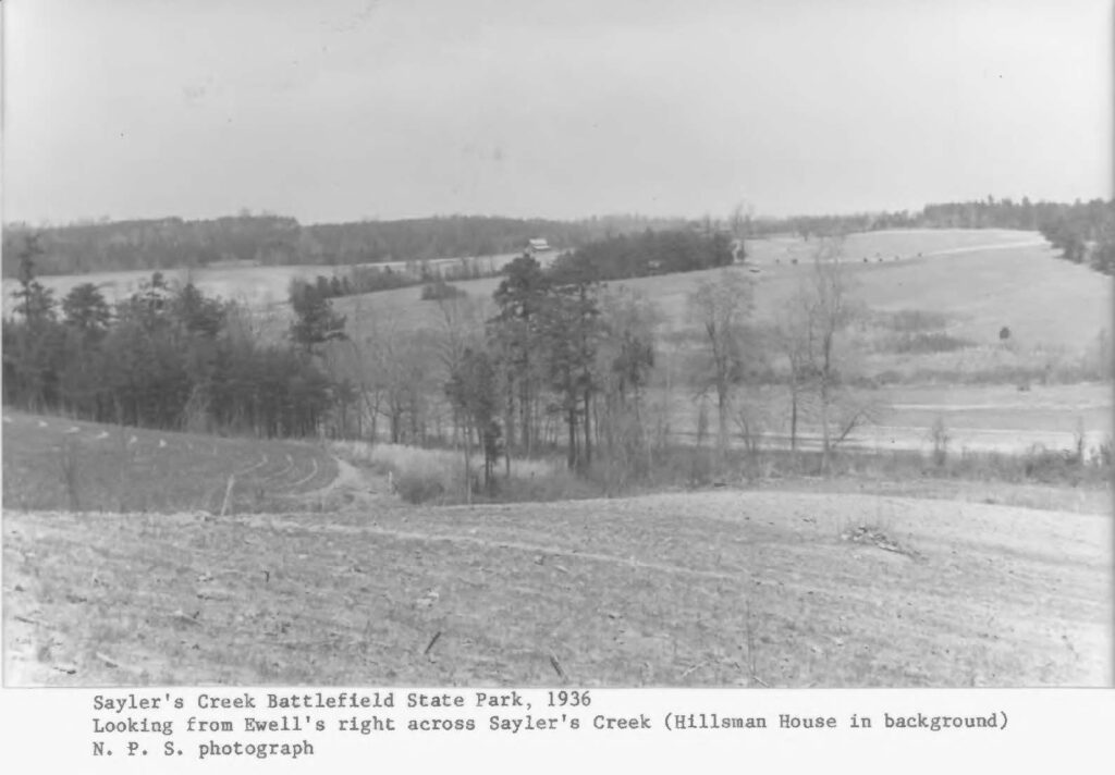A 1936 photo of Sailor's Creek Battlefield with the Overton-Hillsman House in the center background. 