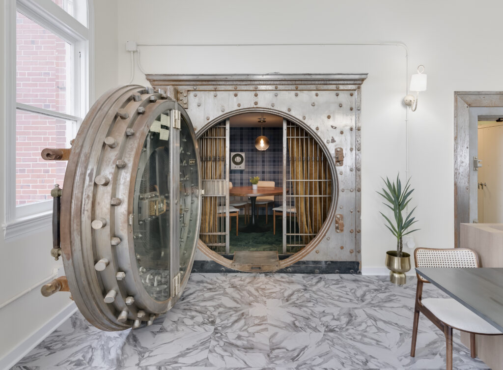 Restored bank vault utilized as meeting space in the Bank of Westmoreland building
