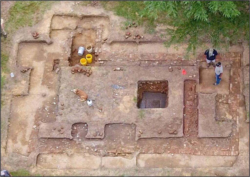 2018 aerial view of site that is believed to be one of the two brick houses built at Eyreville by William Kendall in the mid- to late 17th century.