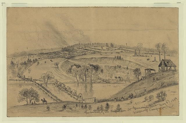 A sketch by Edwin Forbes of the crossing of the Rapidan at Germanna Ford in May 1864 during the Battle of the Wilderness. 