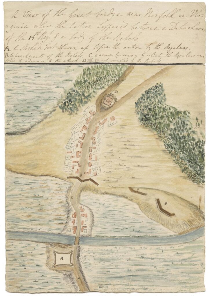 An illustrated map of the Great Bridge in 1775