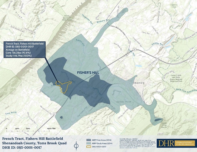 Map showing the French Tract within the Fisher's Hill Battlefield