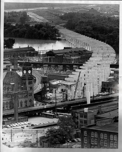 Main Street Station in Richmond during toll road construction, 1957.